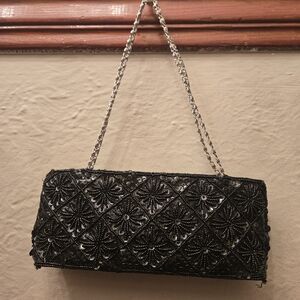 Y2K Black Beaded Evening Bag Floral Sequin Clutch Chain Strap